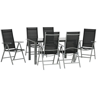 Outsunny 7 Piece Garden Dining Set, Outdoor Table and 6 Folding and Reclining Chairs, Aluminium Frame, Tempered Glass Top Table, Texteline Seats 10