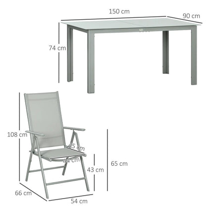 Outsunny 7 Piece Garden Dining Set, Outdoor Table and 6 Folding and Reclining Chairs, Aluminium Frame, Tempered Glass Top Table, Texteline Seats 13