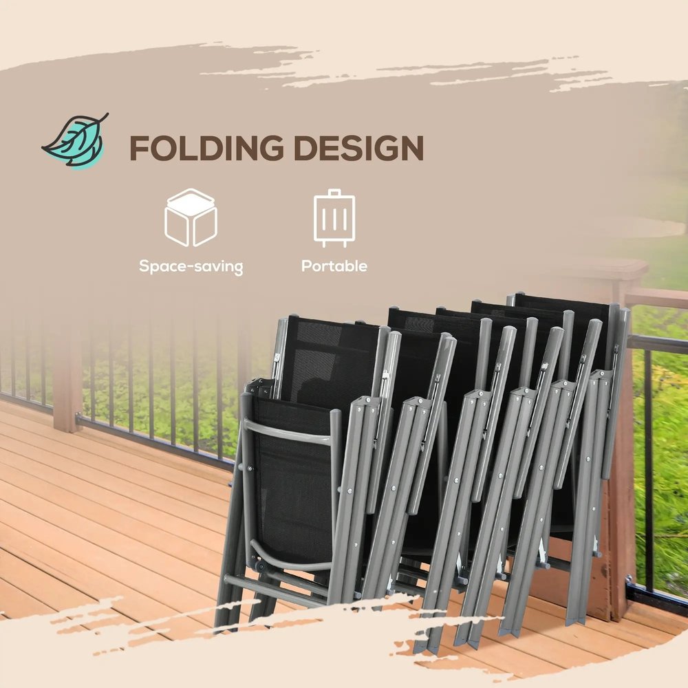 Outsunny 7 Piece Garden Dining Set, Outdoor Table and 6 Folding and Reclining Chairs, Aluminium Frame, Tempered Glass Top Table, Texteline Seats 4