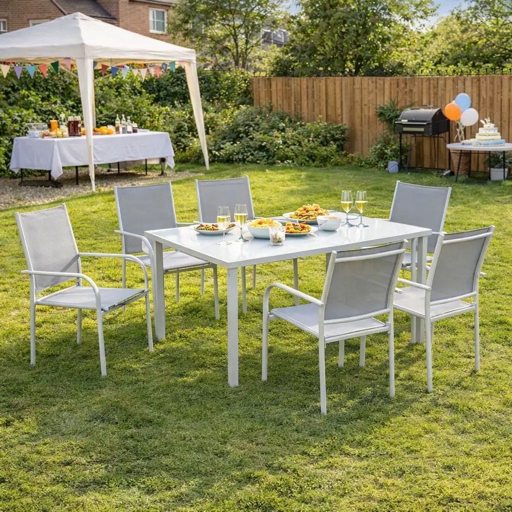 Outsunny 7 Piece Garden Dining Set, Outdoor Table and 6 Stackable Chairs, Steel Frame, Tempered Glass Top Table, Mesh Seats, Grey 1
