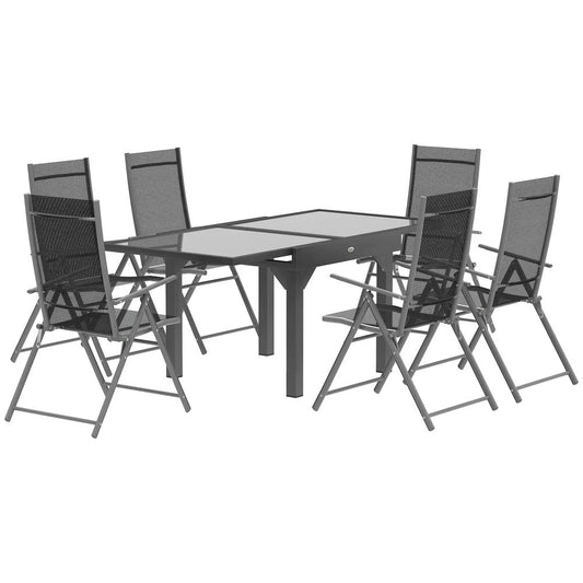 Outsunny 7 Piece Outdoor Dining Set with Extendable Table and 6 Folding Chairs for Patio, Balcony, Deck, Grey 