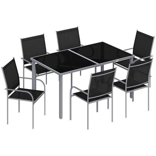 Outsunny 7 Piece Outdoor Garden Dining Set with Table and 6 Stackable Chairs, Steel Frame, Tempered Glass Top, Mesh Seats, Black 