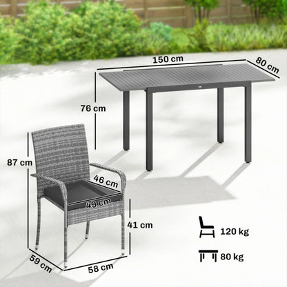 Outsunny 7 Piece Rattan Garden Furniture Set, 6 Seater Garden Table and 6 Stackable Chairs with Extendable Acacia Wood Tabletop