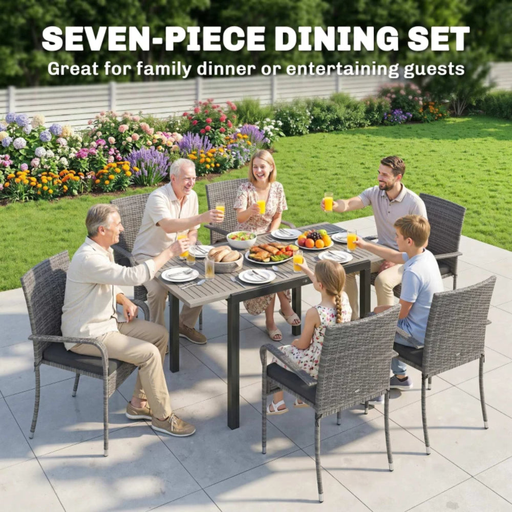 Outsunny 7 Piece Rattan Garden Furniture Set, 6 Seater Garden Table and 6 Stackable Chairs with Extendable Acacia Wood Tabletop