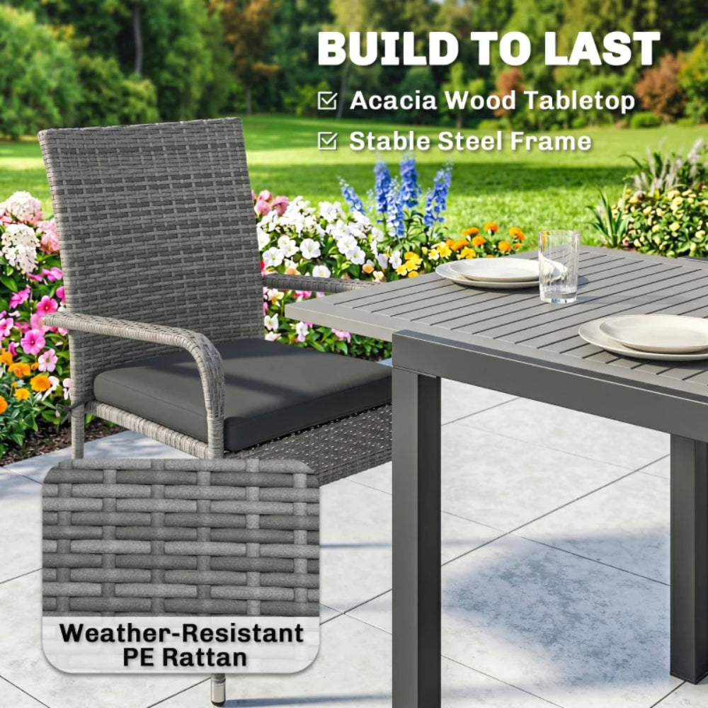 Outsunny 7 Piece Rattan Garden Furniture Set, 6 Seater Garden Table and 6 Stackable Chairs with Extendable Acacia Wood Tabletop