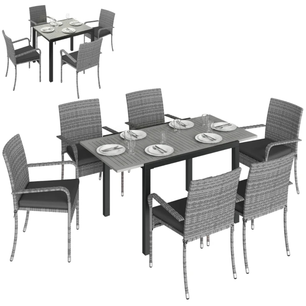 Outsunny 7 Piece Rattan Garden Furniture Set, 6 Seater Garden Table and 6 Stackable Chairs with Extendable Acacia Wood Tabletop