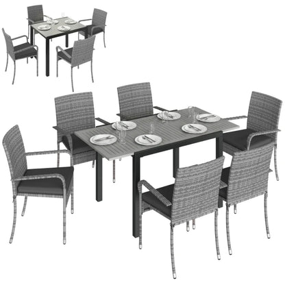 Outsunny 7 Piece Rattan Garden Furniture Set, 6 Seater Garden Table and 6 Stackable Chairs with Extendable Acacia Wood Tabletop