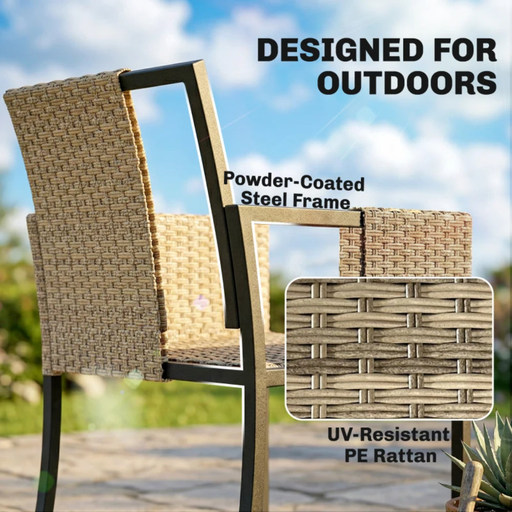 Outsunny 7 Piece Rattan Garden Furniture Set, Garden Dining Set with Wood-Plastic Table and 6 Stackable Chairs, Dark Grey