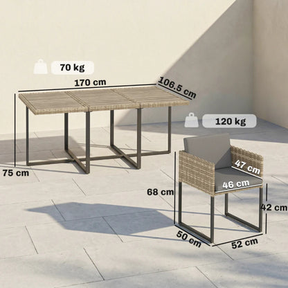 Outsunny 7 Piece Rattan Garden Furniture Set, Garden Dining Set with Wood-Plastic Table and 6 Stackable Chairs, Light Brown