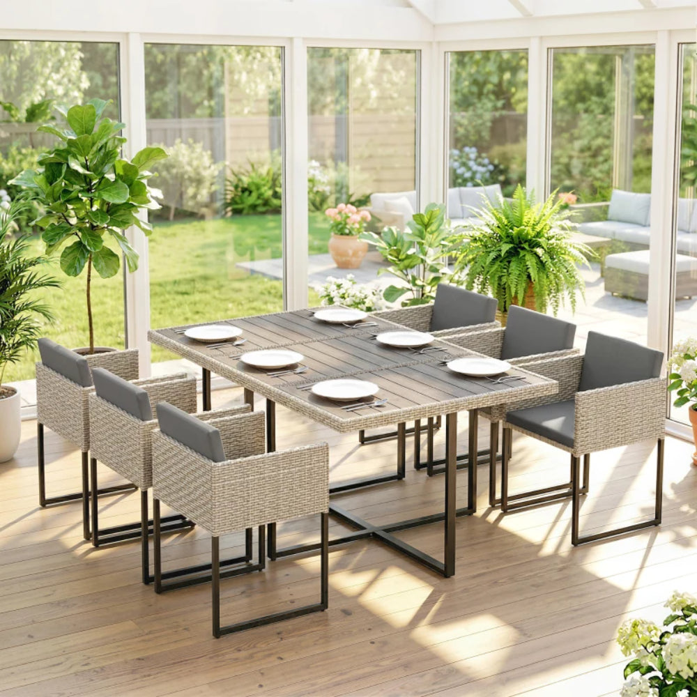 Outsunny 7 Piece Rattan Garden Furniture Set, Garden Dining Set with Wood-Plastic Table and 6 Stackable Chairs, Light Grey
