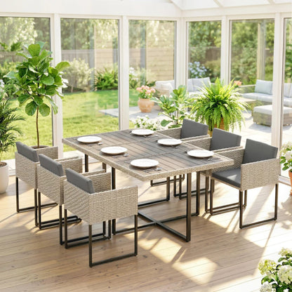 Outsunny 7 Piece Rattan Garden Furniture Set, Garden Dining Set with Wood-Plastic Table and 6 Stackable Chairs, Light Grey