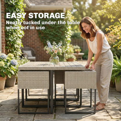 Outsunny 7 Piece Rattan Garden Furniture Set, Garden Dining Set with Wood-Plastic Table and 6 Stackable Chairs, Light Grey