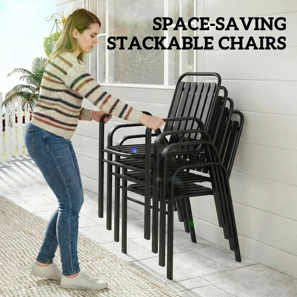 Outsunny 7 Pieces Outdoor Dining Set with Umbrella Hole, Garden Table and Chairs Set for 6 with Metal Table and Stackable Chairs 7