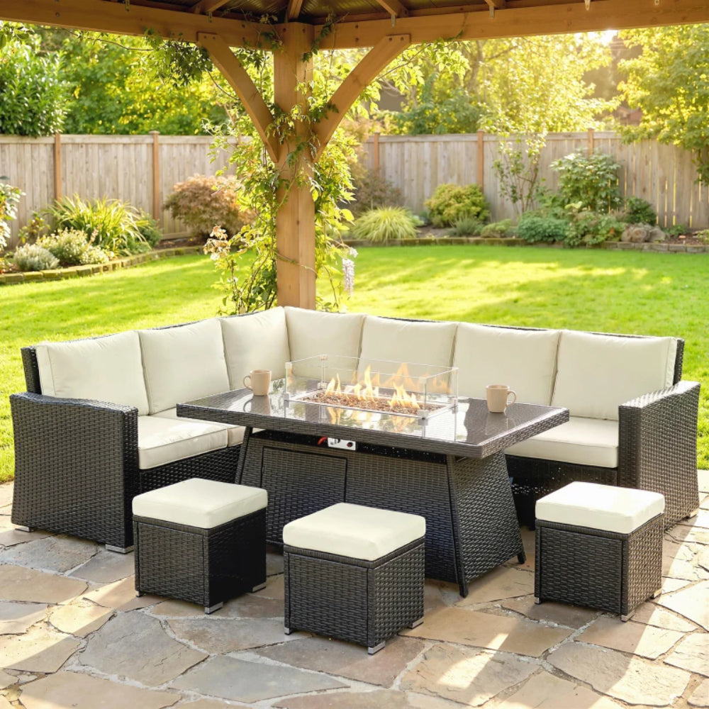 Outsunny 7 Pieces PE Rattan Garden Furniture Set, 50,000 BTU Gas Fire Pit Table, Black