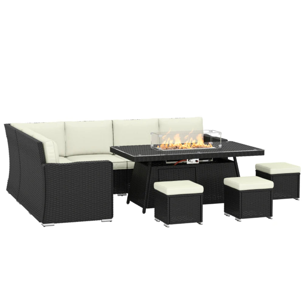 Outsunny 7 Pieces PE Rattan Garden Furniture Set, 50,000 BTU Gas Fire Pit Table, Black