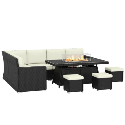 Outsunny 7 Pieces PE Rattan Garden Furniture Set, 50,000 BTU Gas Fire Pit Table, Black