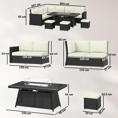 Outsunny 7 Pieces PE Rattan Garden Furniture Set, 50,000 BTU Gas Fire Pit Table, Black
