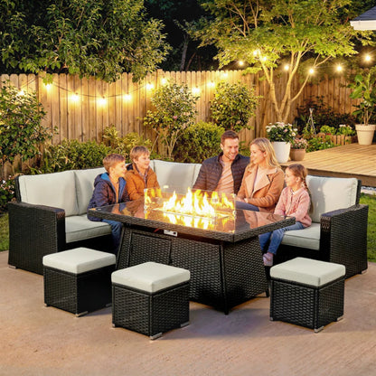 Outsunny 7 Pieces PE Rattan Garden Furniture Set, 50,000 BTU Gas Fire Pit Table, Black