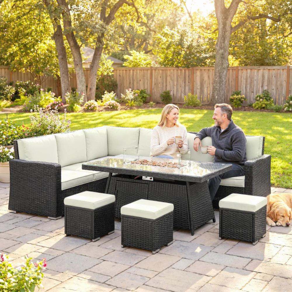 Outsunny 7 Pieces PE Rattan Garden Furniture Set, 50,000 BTU Gas Fire Pit Table, Black