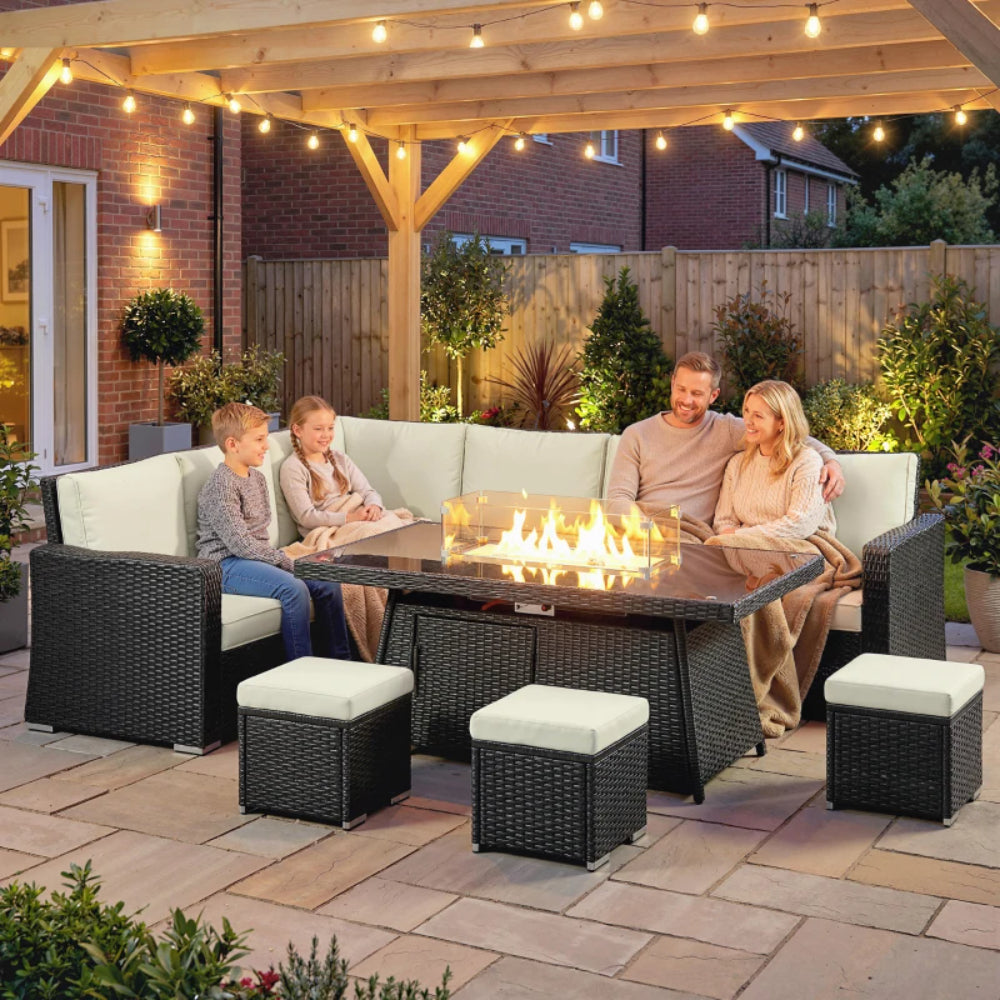 Outsunny 7 Pieces PE Rattan Garden Furniture Set, 50,000 BTU Gas Fire Pit Table, Black