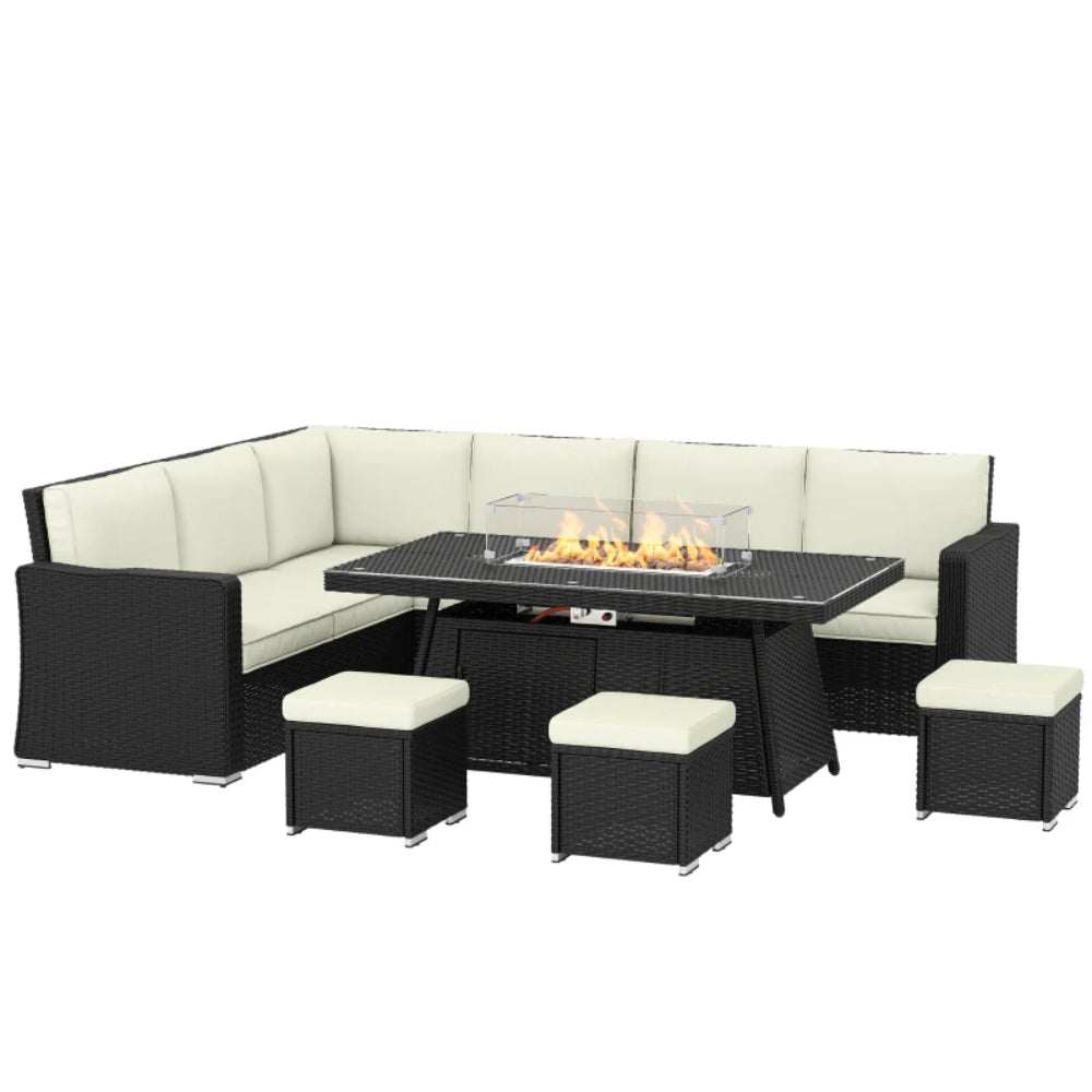 Outsunny 7 Pieces PE Rattan Garden Furniture Set, 50,000 BTU Gas Fire Pit Table, Black