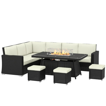 Outsunny 7 Pieces PE Rattan Garden Furniture Set, 50,000 BTU Gas Fire Pit Table, Black