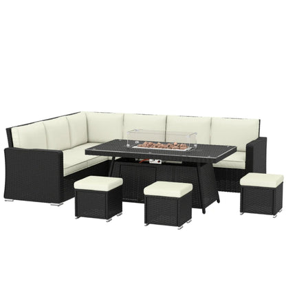 Outsunny 7 Pieces PE Rattan Garden Furniture Set, 50,000 BTU Gas Fire Pit Table, Black
