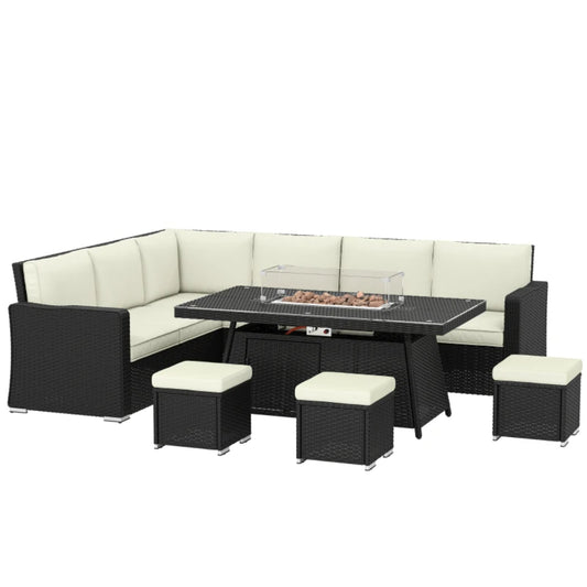 Outsunny 7 Pieces PE Rattan Garden Furniture Set, 50,000 BTU Gas Fire Pit Table, Black