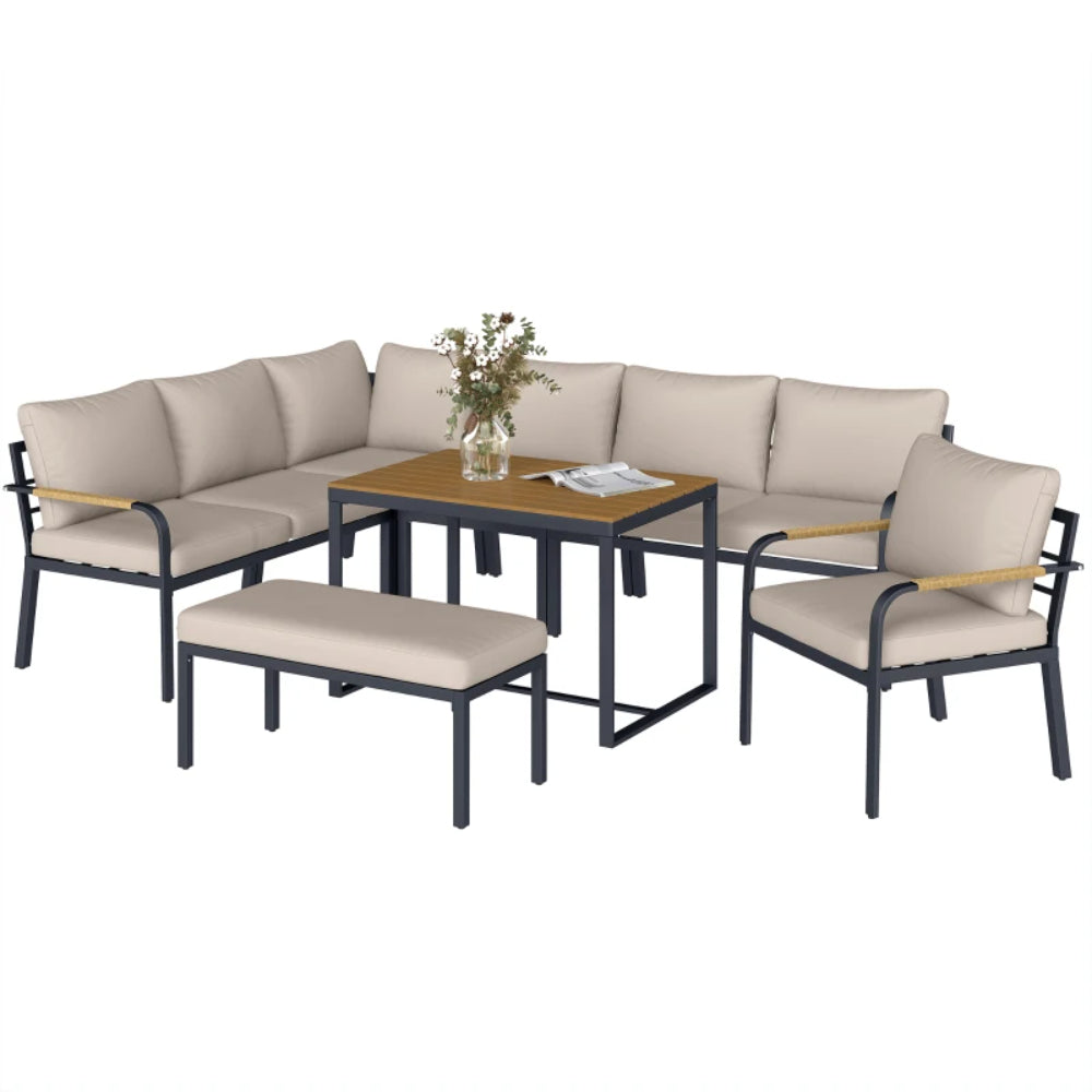 Outsunny 7 Seater Garden Furniture Set, Metal Garden Sofa Set with Cushions, Outdoor Furniture Conversation Sets, Khaki