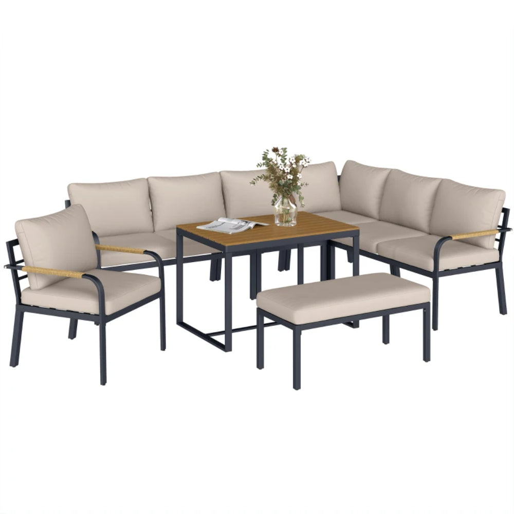 Outsunny 7 Seater Garden Furniture Set, Metal Garden Sofa Set with Cushions, Outdoor Furniture Conversation Sets, Khaki