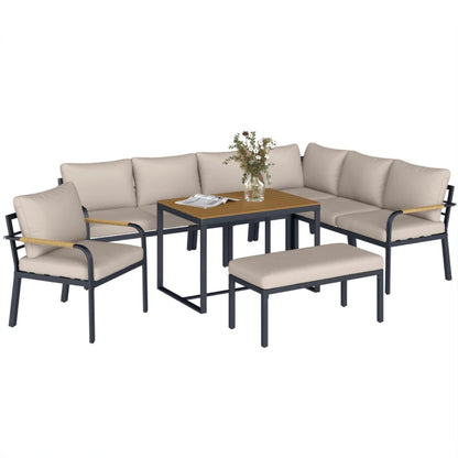 Outsunny 7 Seater Garden Furniture Set, Metal Garden Sofa Set with Cushions, Outdoor Furniture Conversation Sets, Khaki
