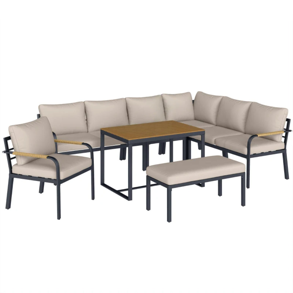 Outsunny 7 Seater Garden Furniture Set, Metal Garden Sofa Set with Cushions, Outdoor Furniture Conversation Sets, Khaki