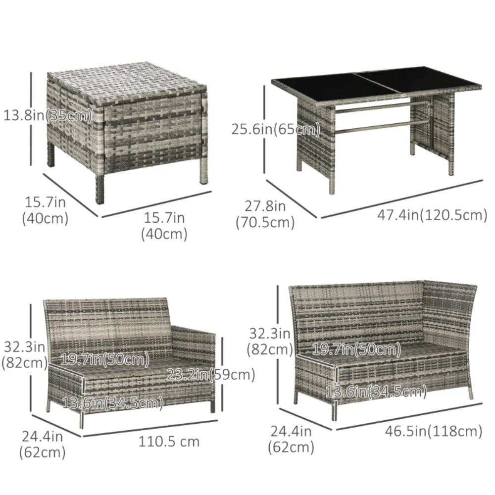 Outsunny 7-Seater Patio wicker Sofa Set Rattan Chair Furniture w/ Glass & Cushioned, Dark Blue