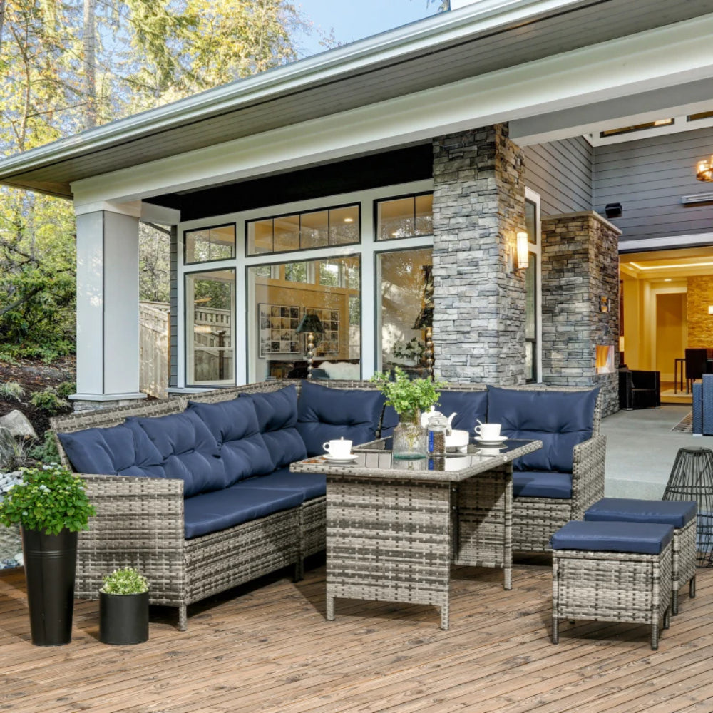 Outsunny 7-Seater Patio wicker Sofa Set Rattan Chair Furniture w/ Glass & Cushioned, Dark Blue