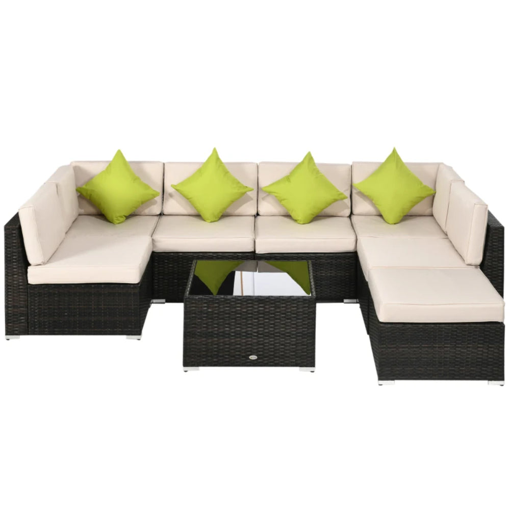 Outsunny 7-Seater PE Rattan Corner Sofa Set, Garden Furniture Set, Patio Wicker Sofa Seater w/ Cushion, Washable Cushion Cover & Tempered Glass Table, Brown