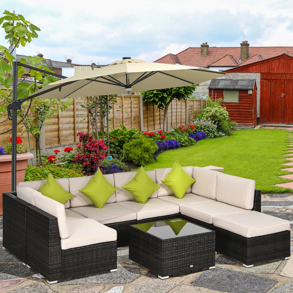Outsunny 7-Seater PE Rattan Corner Sofa Set, Garden Furniture Set, Patio Wicker Sofa Seater w/ Cushion, Washable Cushion Cover & Tempered Glass Table, Brown