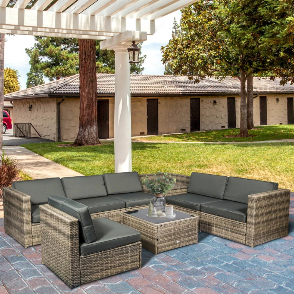 Outsunny 8 Pieces Outdoor PE Rattan Sofa Set with Cushions and Glass Top Coffee Table, Mixed Brown