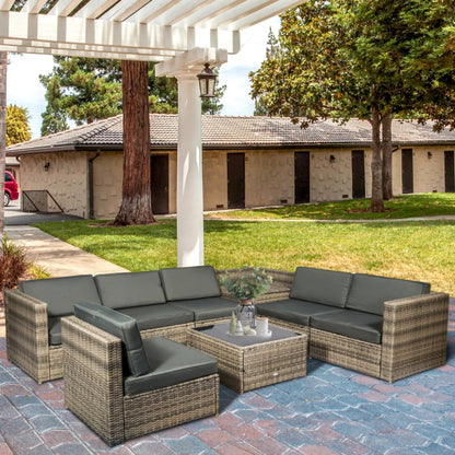 Outsunny 8 Pieces Outdoor PE Rattan Sofa Set with Cushions and Glass Top Coffee Table, Mixed Brown