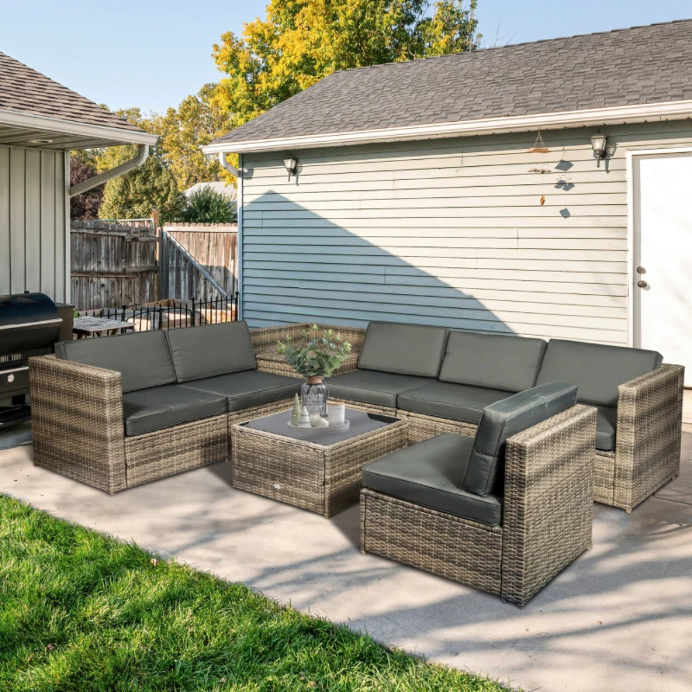 Outsunny 8 Pieces Outdoor PE Rattan Sofa Set with Cushions and Glass Top Coffee Table, Mixed Brown