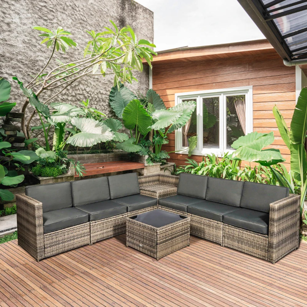 Outsunny 8 Pieces Outdoor PE Rattan Sofa Set with Cushions and Glass Top Coffee Table, Mixed Brown