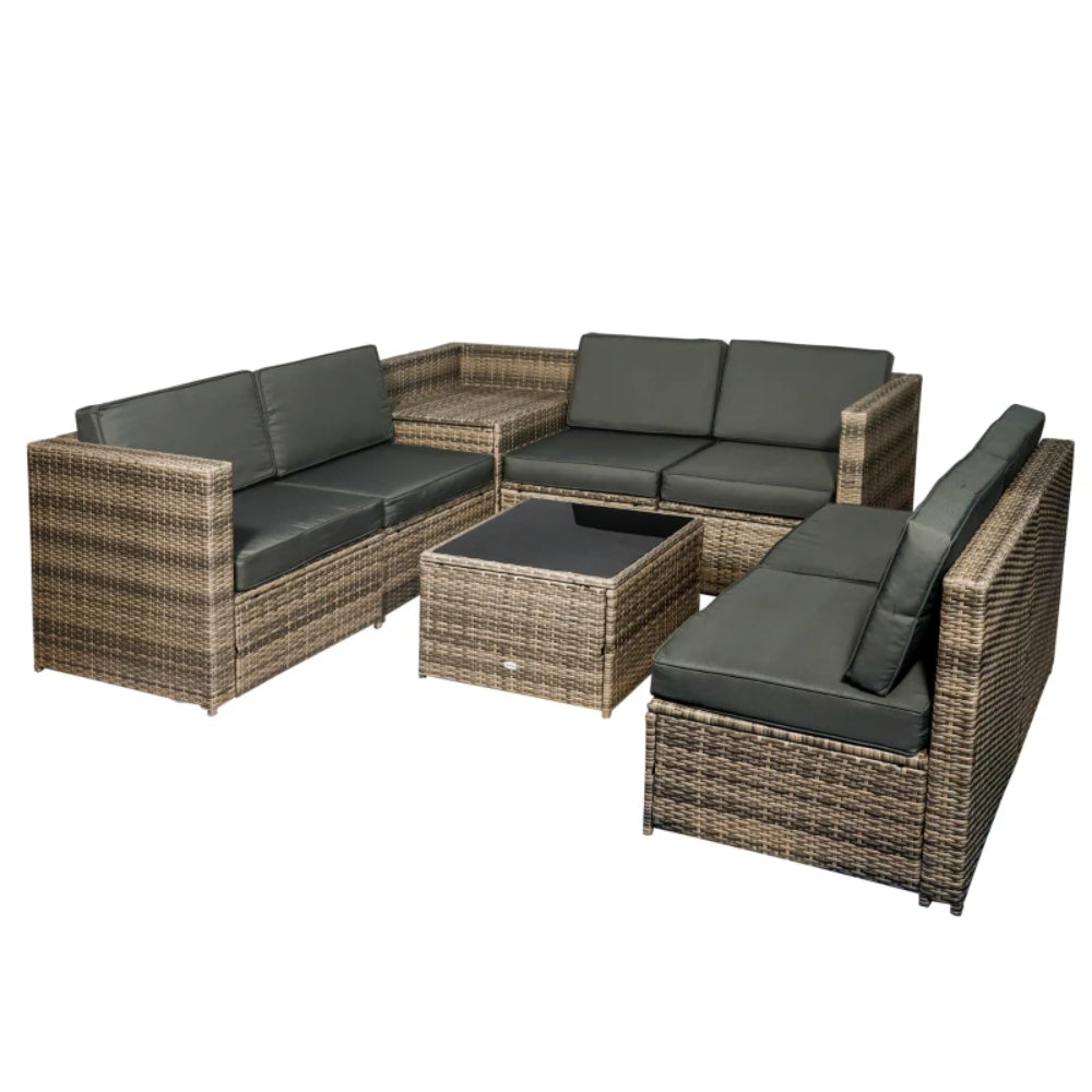 Outsunny 8 Pieces Outdoor PE Rattan Sofa Set with Cushions and Glass Top Coffee Table, Mixed Brown