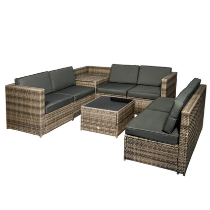 Outsunny 8 Pieces Outdoor PE Rattan Sofa Set with Cushions and Glass Top Coffee Table, Mixed Brown