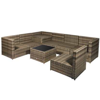 Outsunny 8 Pieces Outdoor PE Rattan Sofa Set with Cushions and Glass Top Coffee Table, Mixed Brown