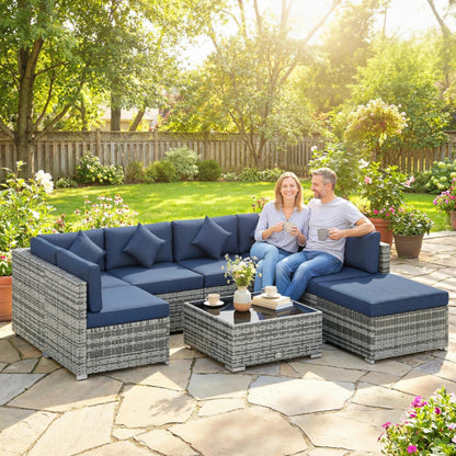 Outsunny 8 Pieces PE Rattan Corner Sofa Set, Outdoor Garden Furniture Set, Patio Wicker Sofa Seater with Cushion, Dark Blue