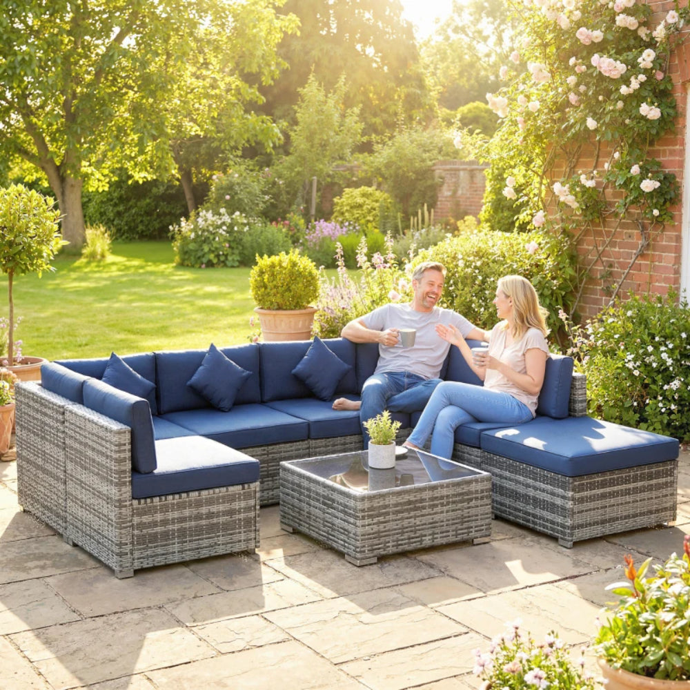 Outsunny 8 Pieces PE Rattan Corner Sofa Set, Outdoor Garden Furniture Set, Patio Wicker Sofa Seater with Cushion, Dark Blue