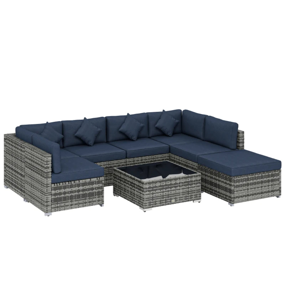 Outsunny 8 Pieces PE Rattan Corner Sofa Set, Outdoor Garden Furniture Set, Patio Wicker Sofa Seater with Cushion, Dark Blue