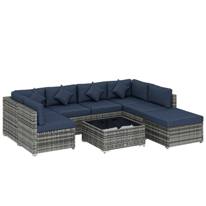 Outsunny 8 Pieces PE Rattan Corner Sofa Set, Outdoor Garden Furniture Set, Patio Wicker Sofa Seater with Cushion, Dark Blue