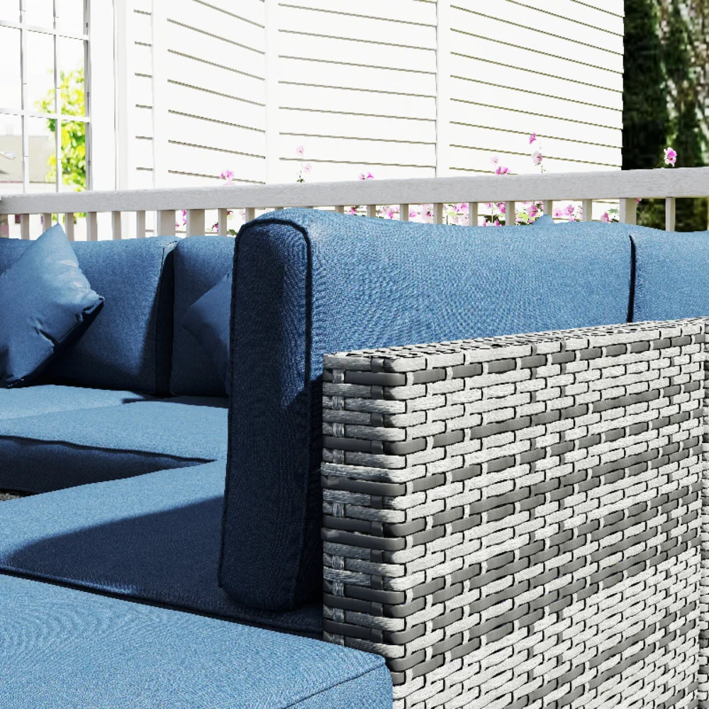 Outsunny 8 Pieces PE Rattan Corner Sofa Set, Outdoor Garden Furniture Set, Patio Wicker Sofa Seater with Cushion, Dark Blue