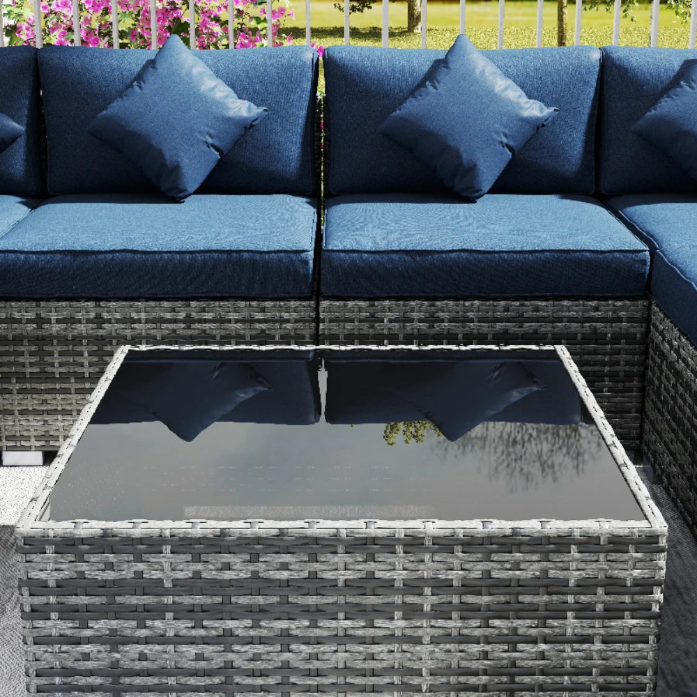 Outsunny 8 Pieces PE Rattan Corner Sofa Set, Outdoor Garden Furniture Set, Patio Wicker Sofa Seater with Cushion, Dark Blue