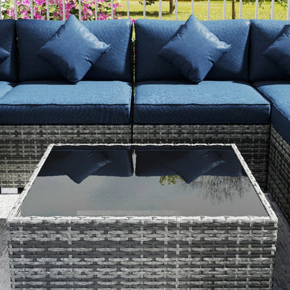 Outsunny 8 Pieces PE Rattan Corner Sofa Set, Outdoor Garden Furniture Set, Patio Wicker Sofa Seater with Cushion, Dark Blue